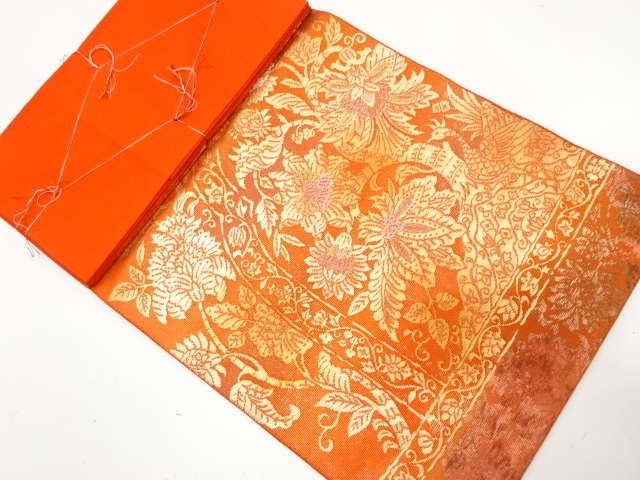 JAPANESE KIMONO / UNUSED NAGOYA OBI / SILK / WOVEN FLOWERS & BIRDS & SARASA